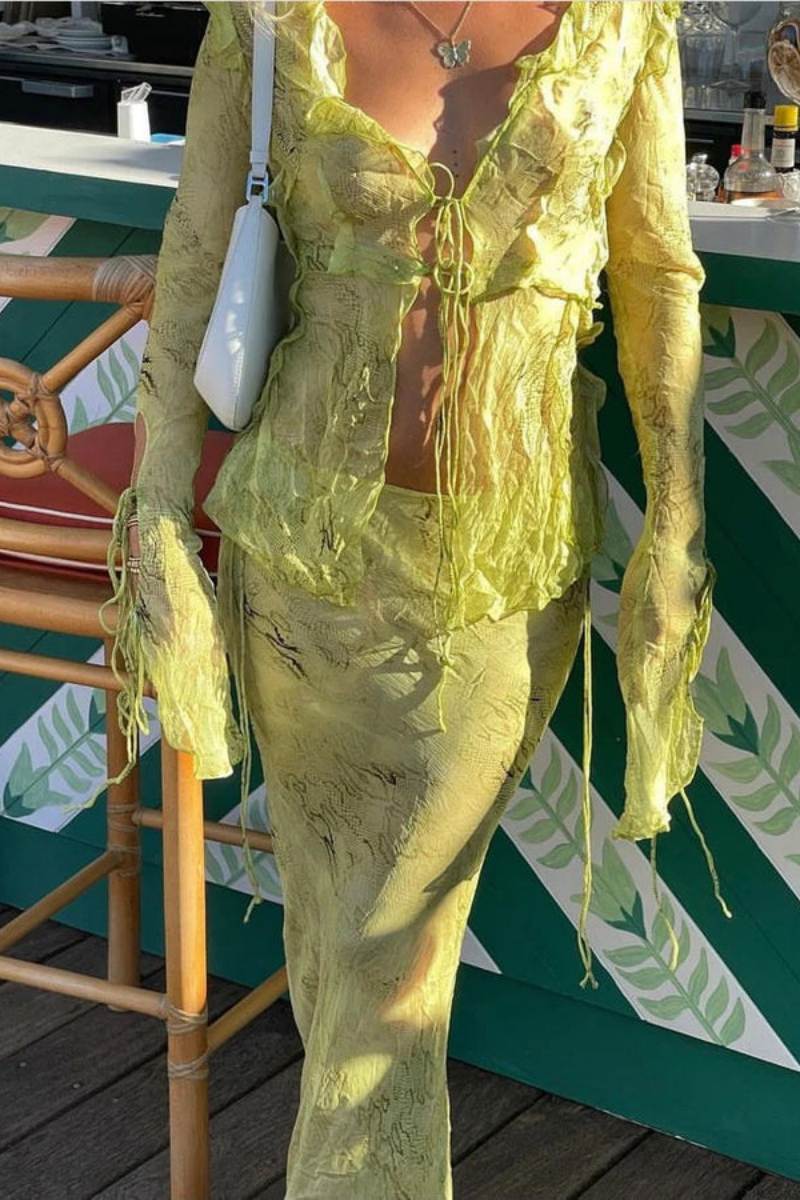 Cobra Blouse Wood Ear Print Long Skirt Suit Two Pieces-ROVOLE