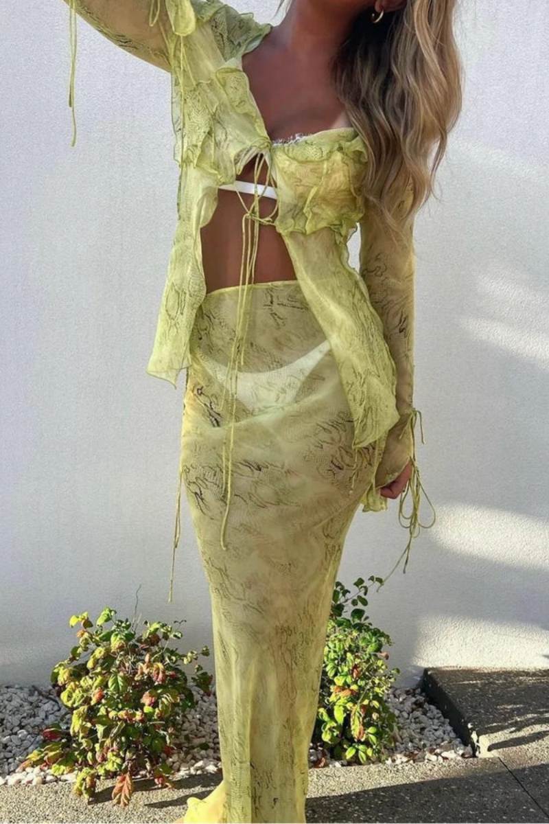 Cobra Blouse Wood Ear Print Long Skirt Suit Two Pieces-ROVOLE