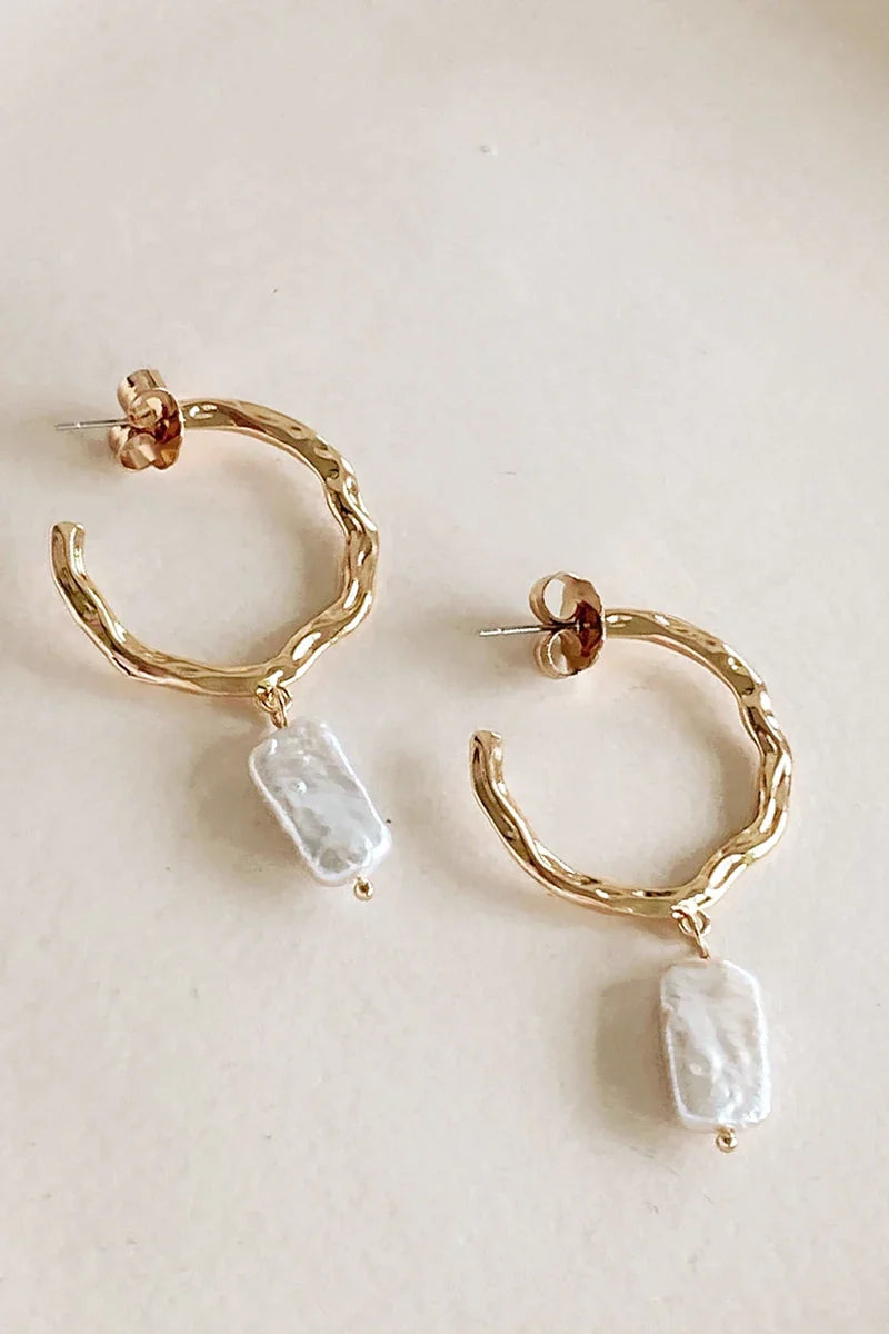 Beaten Metal Pearl Drop Hoops - Gold/Cream-ROVOLE