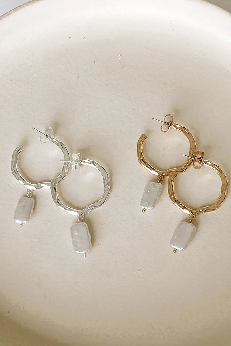 Beaten Metal Pearl Drop Hoops - Gold/Cream-ROVOLE