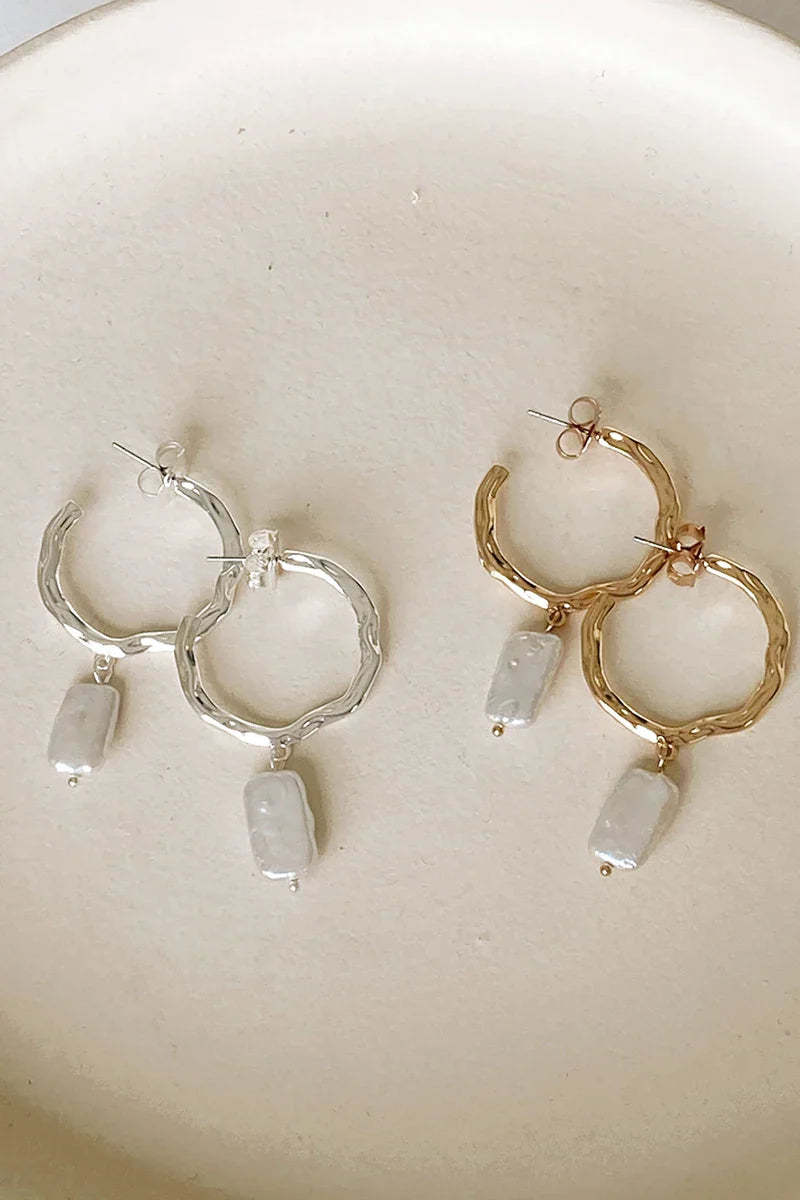 Beaten Metal Pearl Drop Hoops - Gold/Cream-ROVOLE