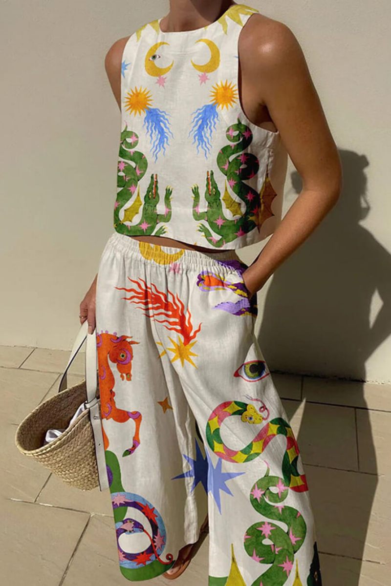 Linen Blend Unique Print Tank Set-ROVOLE