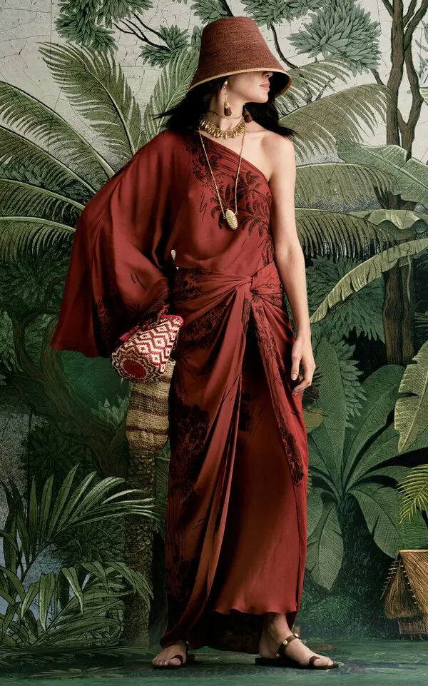 One-Shoulder Lantern Sleeve Botanical Print Maxi Dress