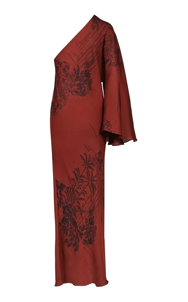 One-Shoulder Lantern Sleeve Botanical Print Maxi Dress