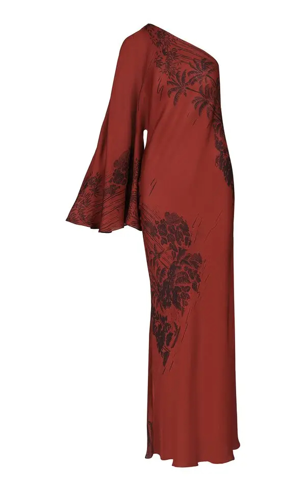 One-Shoulder Lantern Sleeve Botanical Print Maxi Dress