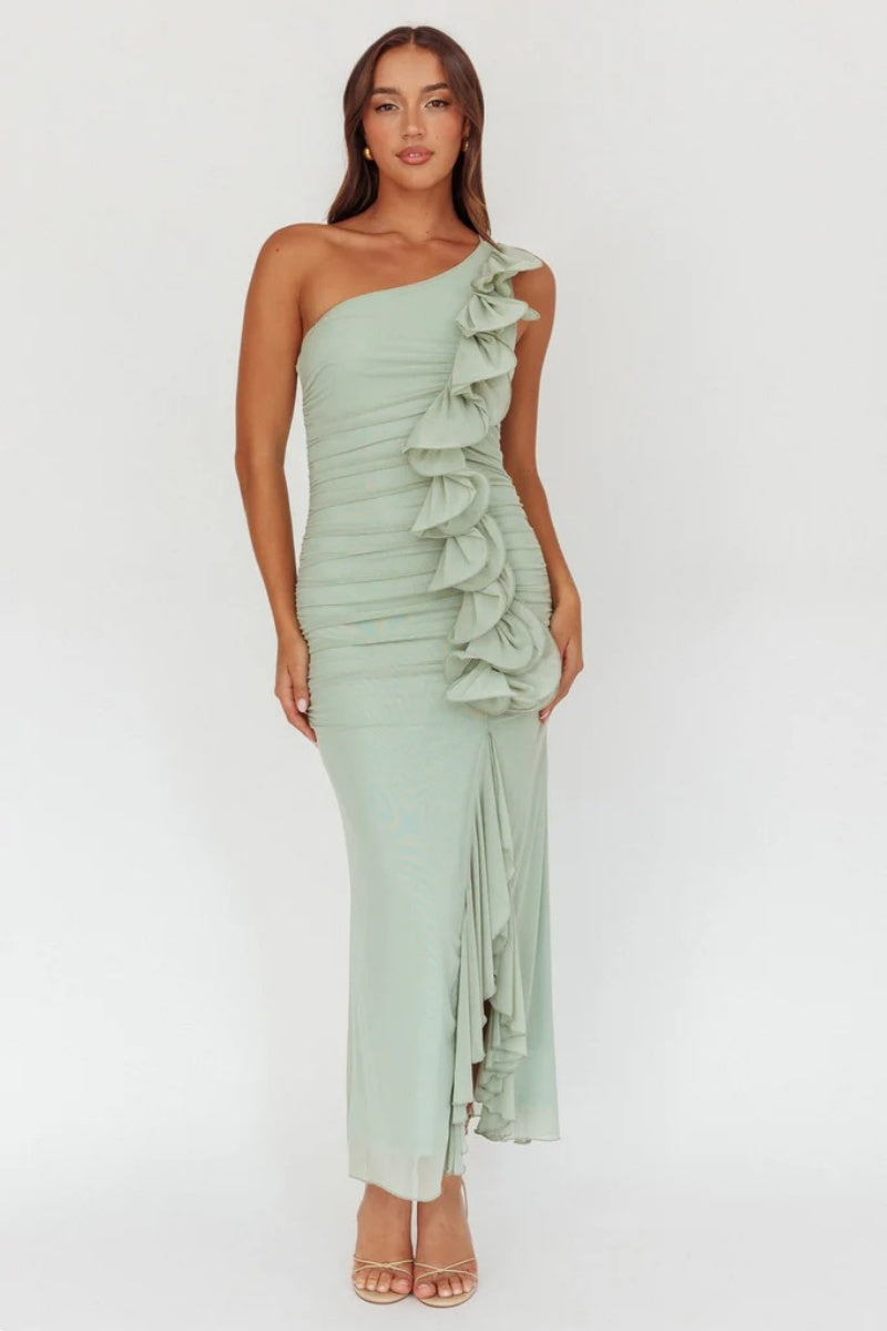 Haven One-Shoulder Ruffle Accent Maxi Dress Sage-ROVOLE