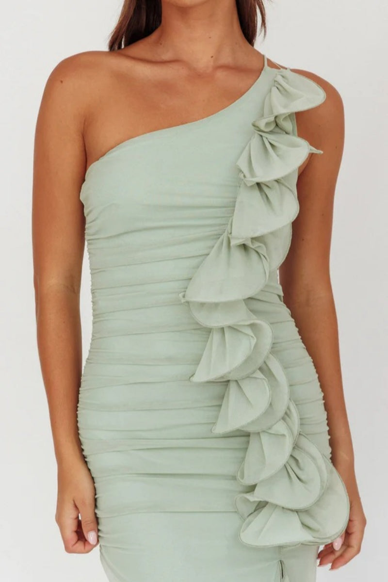 Haven One-Shoulder Ruffle Accent Maxi Dress Sage-ROVOLE