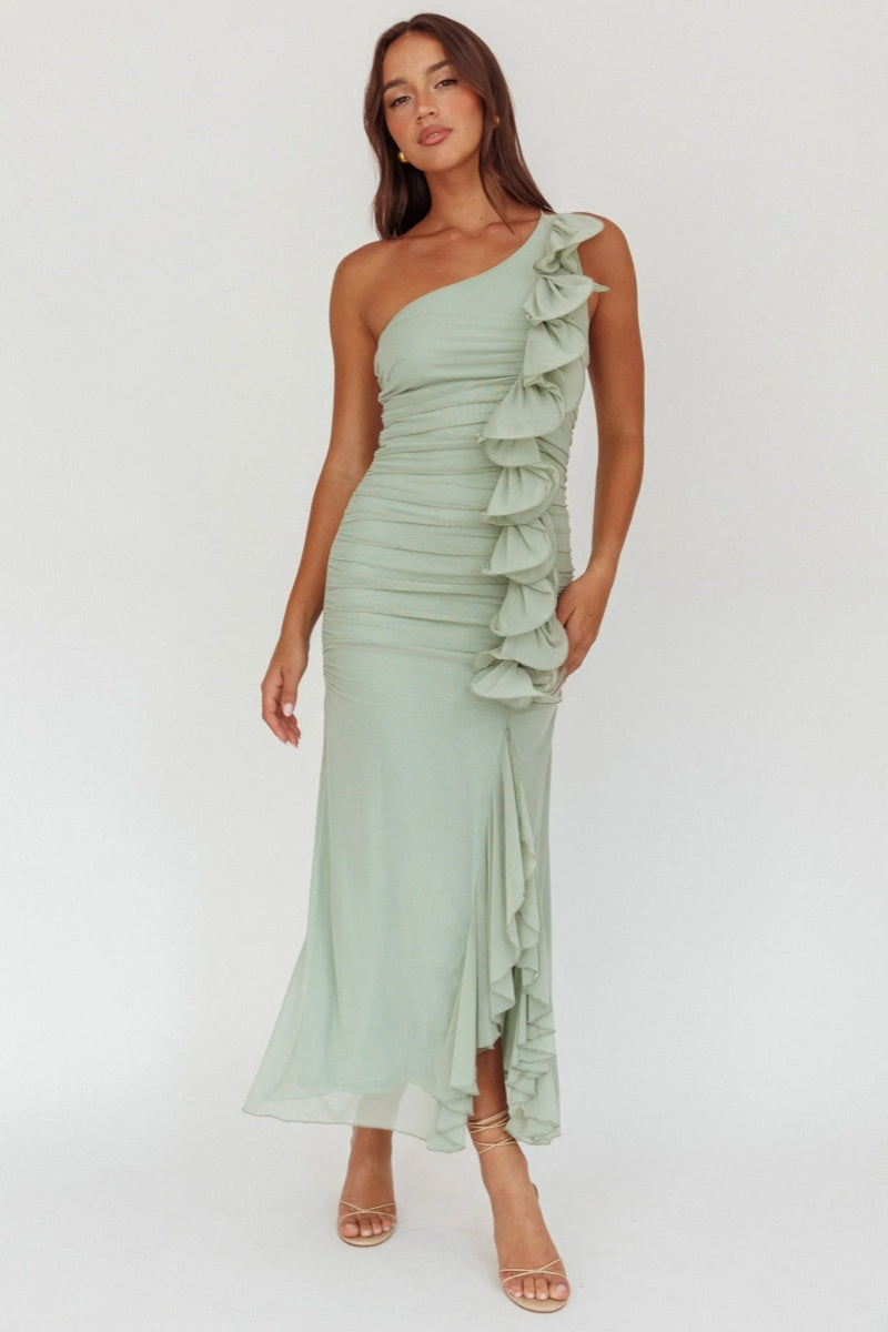 Haven One-Shoulder Ruffle Accent Maxi Dress Sage-ROVOLE