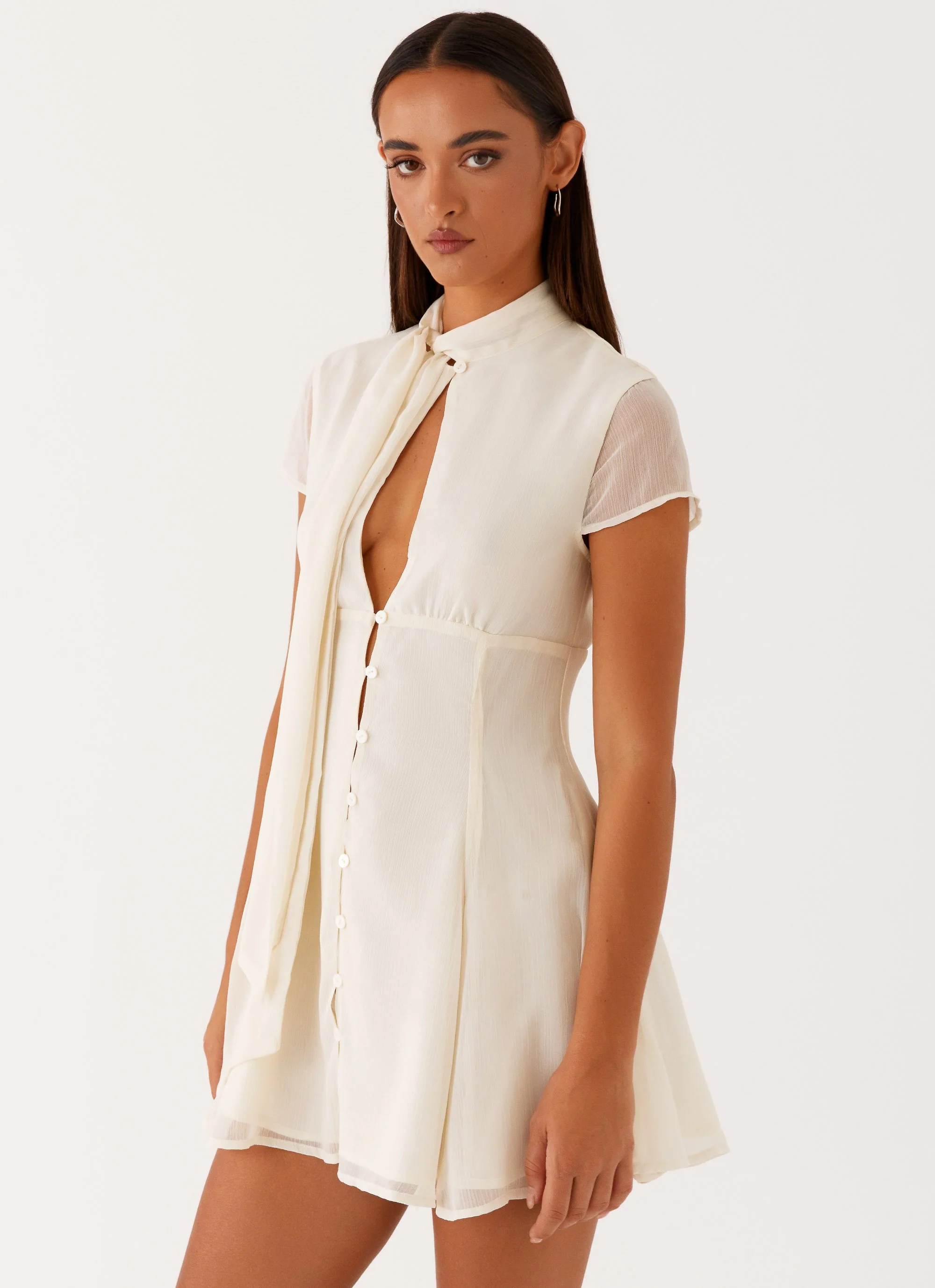 Ivory Tie-Front Keyhole Mini Dress