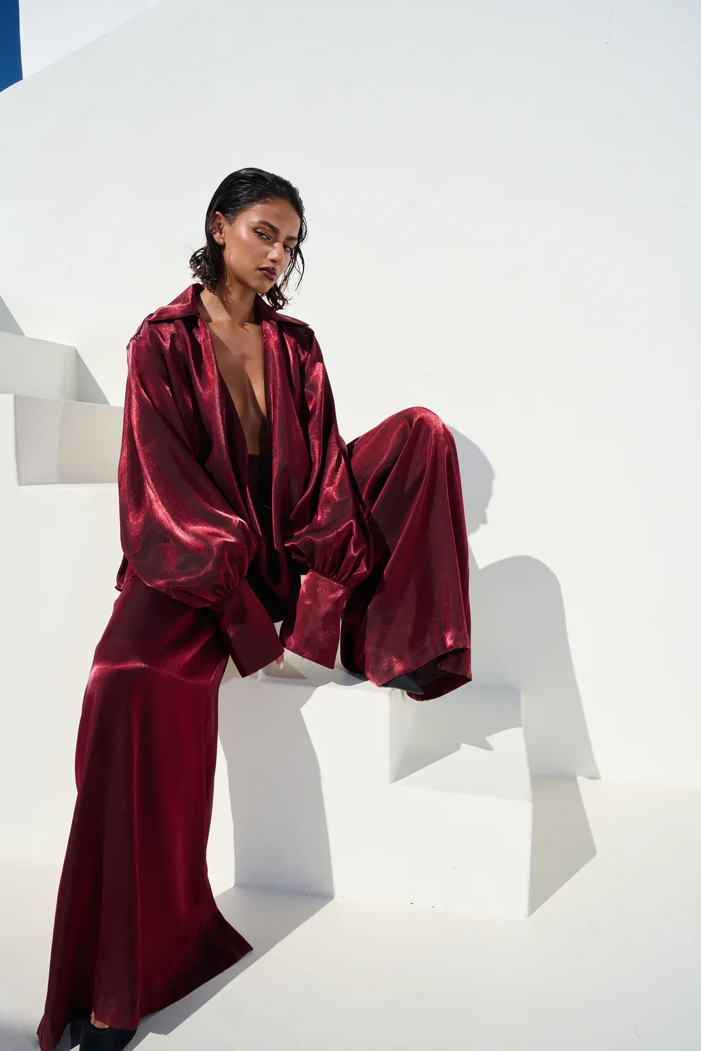 Deep V Neck Shirt Wide Leg Pants Set-ROVOLE