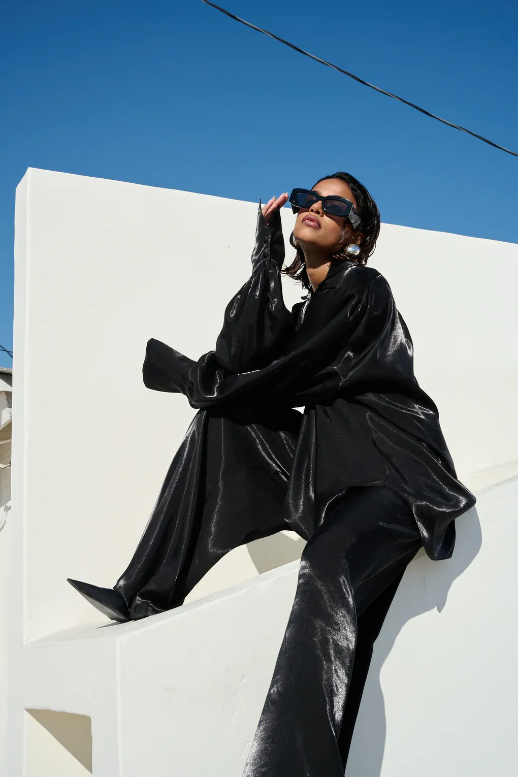 Deep V Neck Shirt Wide Leg Pants Set-ROVOLE