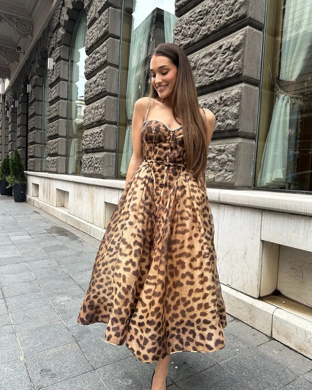 Leopard-Print Brick Midi Slip Dress