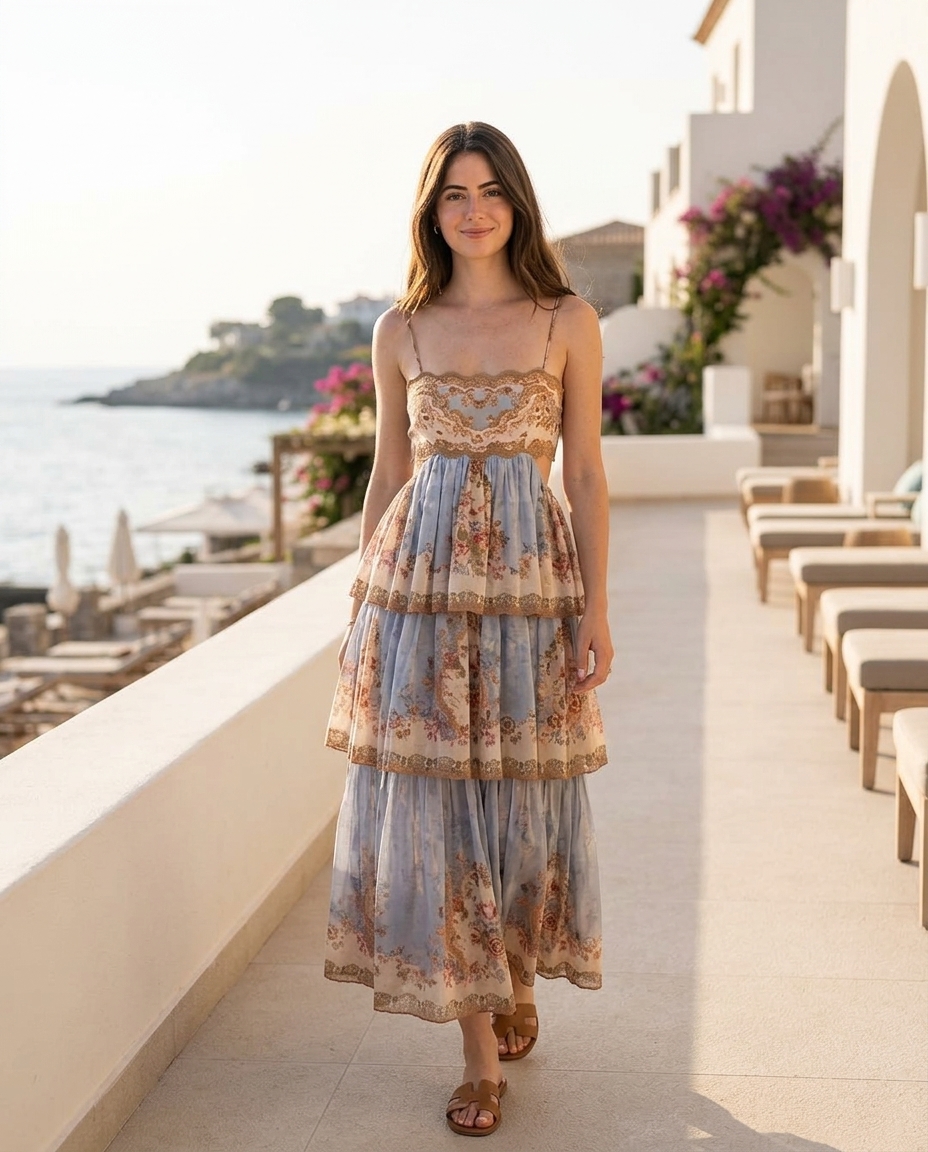 Lace Trim Vintage Floral Tiered Back Tie Cutout Midi Dress