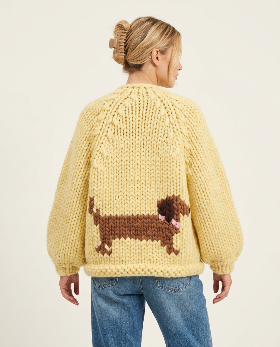 Butter Yellow Dachshund Chunky Knit Cardigan