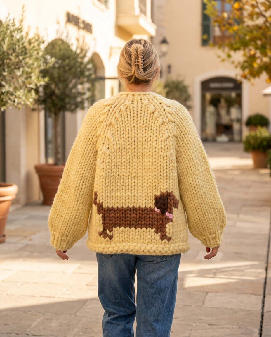 Butter Yellow Dachshund Chunky Knit Cardigan