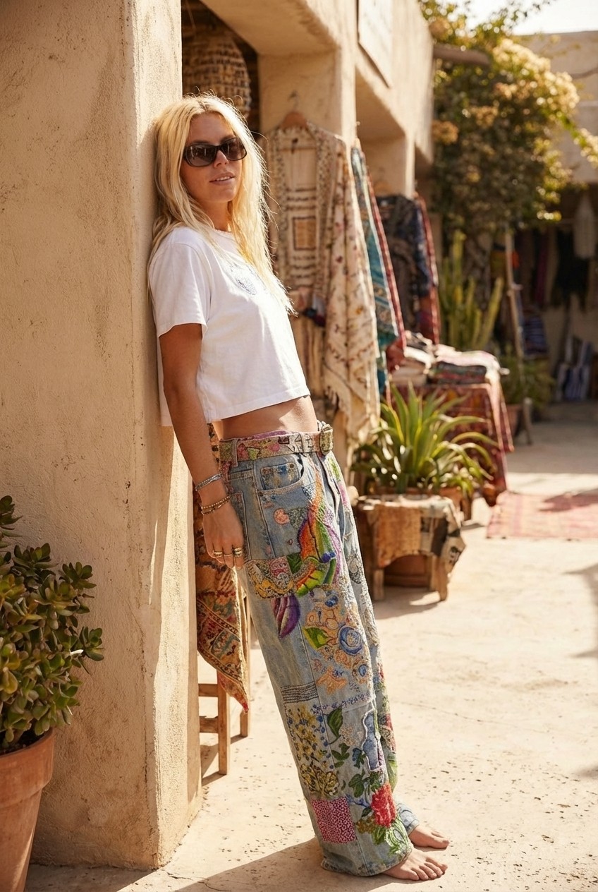 Hippie Graffiti Floral Drop Crotch Jeans