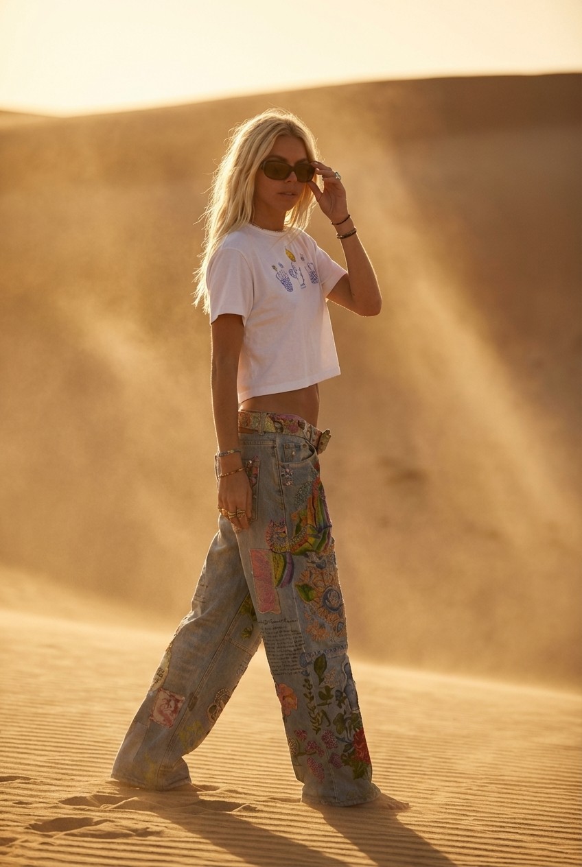 Hippie Graffiti Floral Drop Crotch Jeans