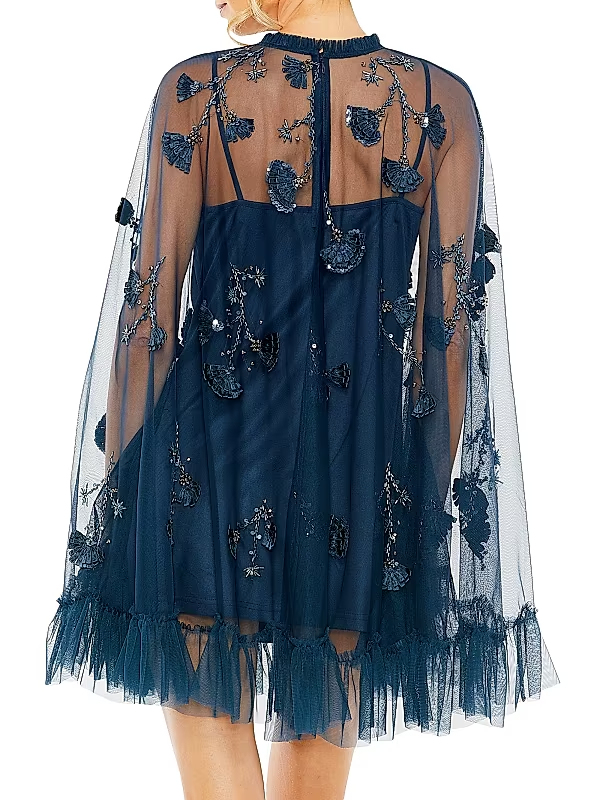 Nocturne Petal Cape-Sleeve Embellished Dress