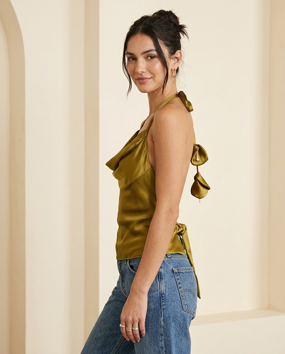 Olive Green Eyelet Halter Top "Aurelia" Olive Green Top with Relaxed Fit silhouette and Satin texture, front view product image for Date Night, Evening in Amalfi, Euro Chic Premium