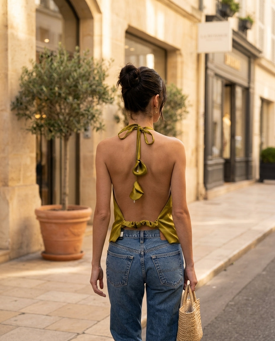 Olive Green Eyelet Halter Top "Aurelia" Olive Green Top with Relaxed Fit silhouette and Satin texture, editorial ecommerce scene for Date Night, Evening in Amalfi, Euro Chic Premium