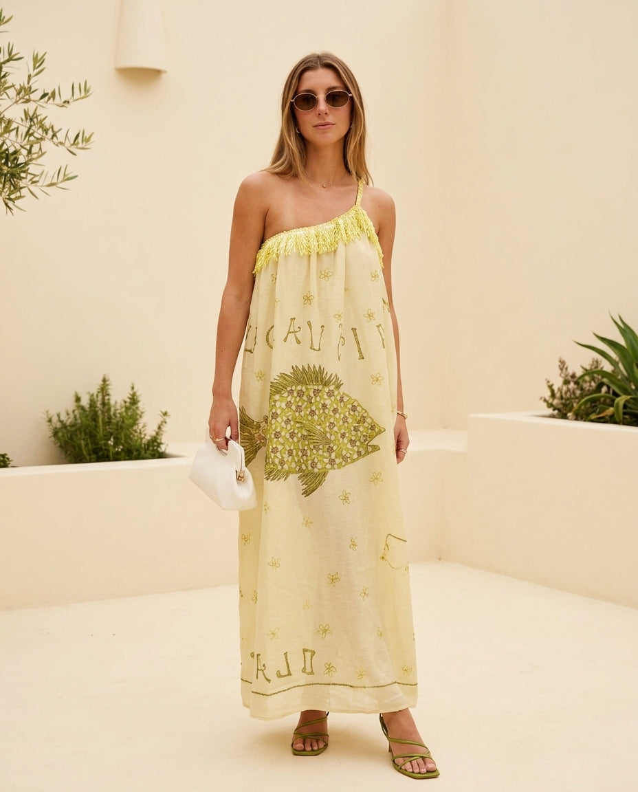 Pale Yellow Eyelet Strapless Maxi Dress "Estelle" Pale Yellow Maxi Dress with Asymmetric silhouette and Linen Blend texture, front view product image for Resort Wear, an estate dinner at golden hour, US East / Hamptons Elite
