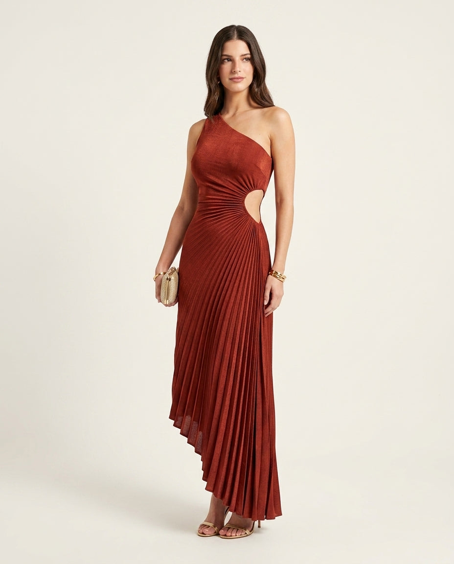 Rust Eyelet V-Neck Maxi Dress "Elena" Rust Maxi Dress with Asymmetric silhouette and Textured texture, clean studio product view for Date Night, Evening in Amalfi, Euro Chic Premium