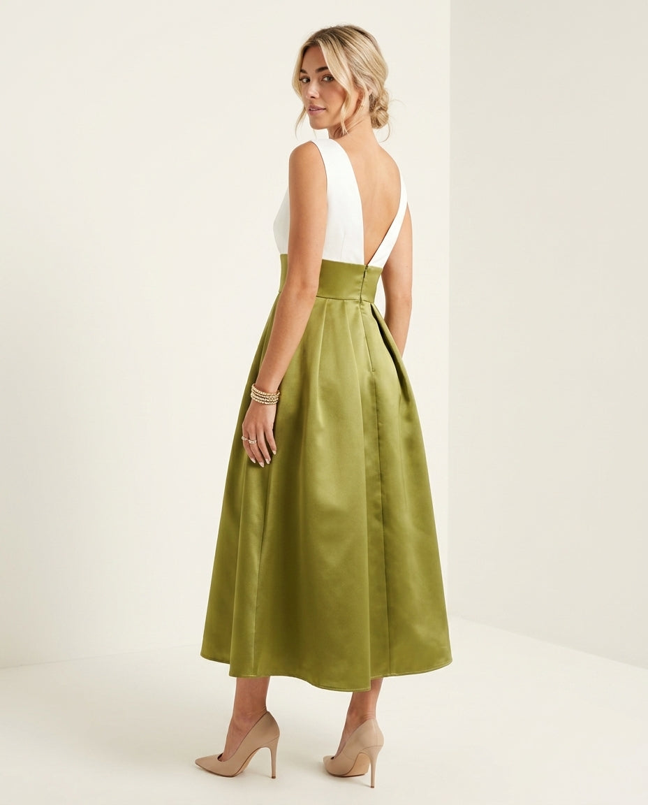 Olive Green Eyelet V-Neck Maxi Dress "Livia" Olive Green Maxi Dress with Structured silhouette and Satin texture, clean studio product view for Garden Party, an estate dinner at golden hour, US East / Hamptons Elite