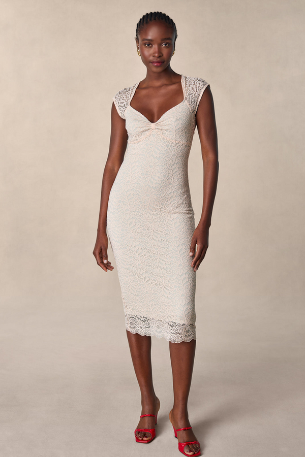 Nora Floral Lace Bow Midi Dress-ROVOLE