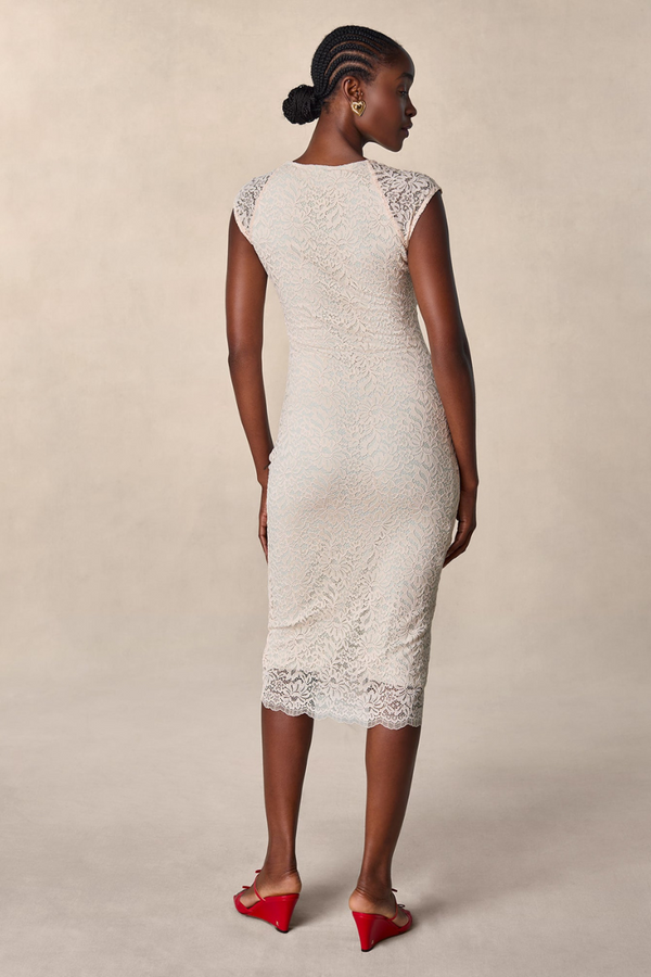 Nora Floral Lace Bow Midi Dress-ROVOLE