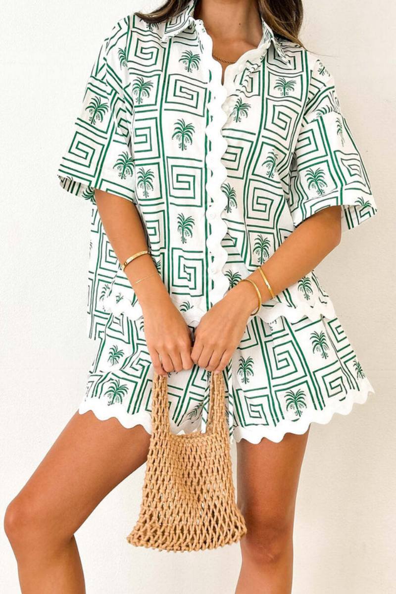 Shirt Collar Summer Botanical Print Vacation Casual Set-ROVOLE