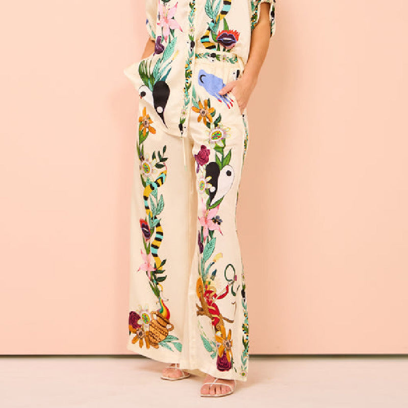 Boho Natureza Printed Satin Shirt & Pants Set-ROVOLE
