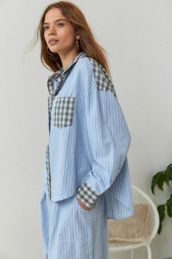 Sky Blue Loose Splice Pajama Set-ROVOLE