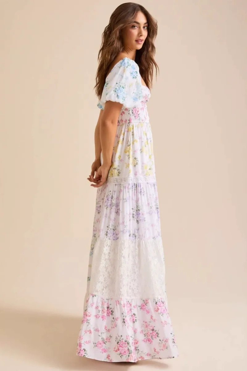 Elegant Floral Print Short Sleeve A-Line Midi Dress-ROVOLE