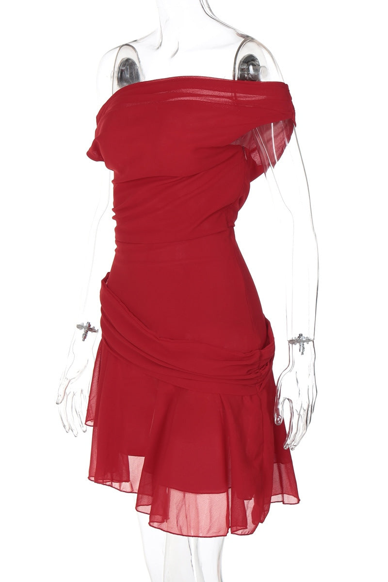 Marina One-shoulder Chiffon Mini Dress-ROVOLE