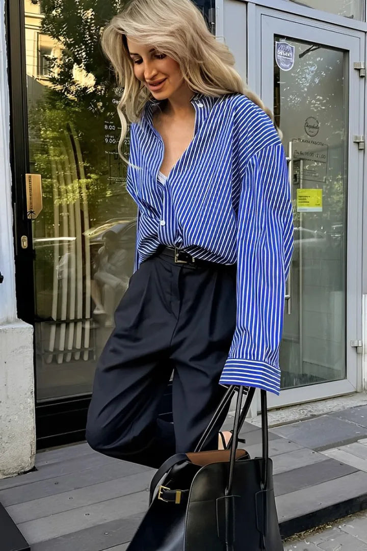 Patchwork Striped Loose Long Sleeve Blouse-ROVOLE