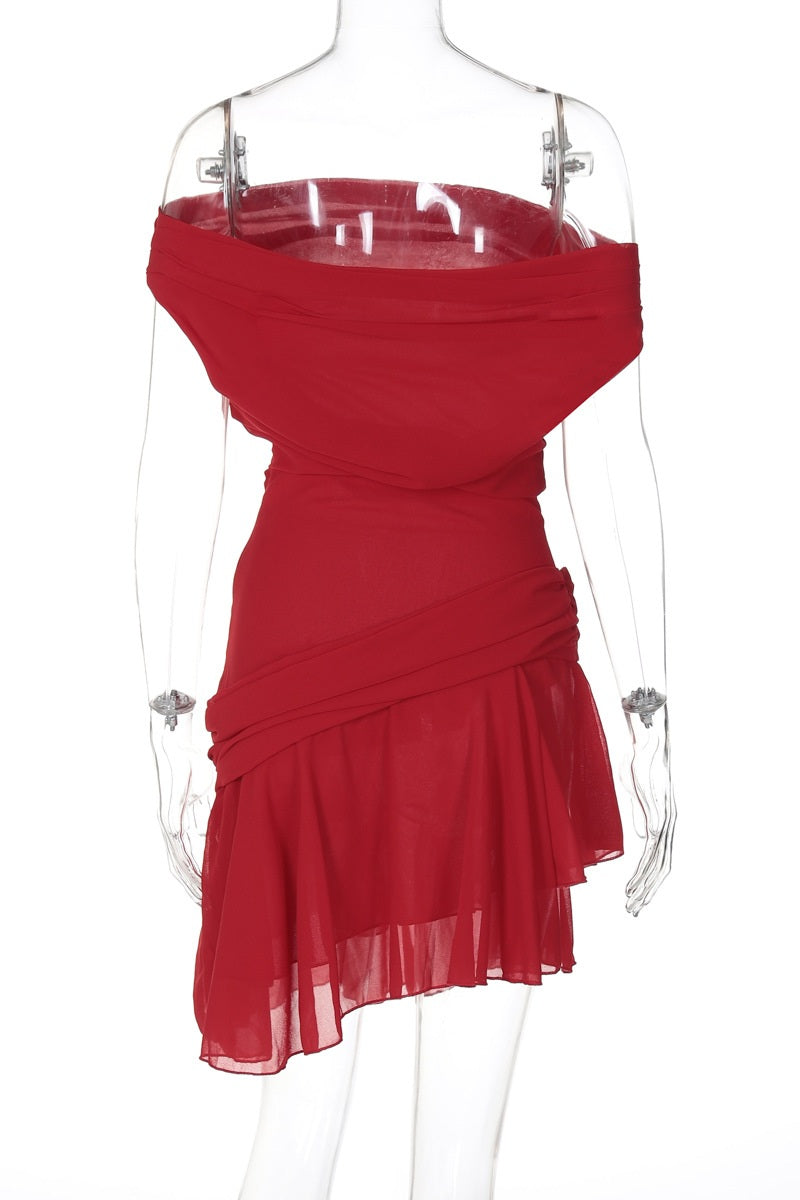 Marina One-shoulder Chiffon Mini Dress-ROVOLE