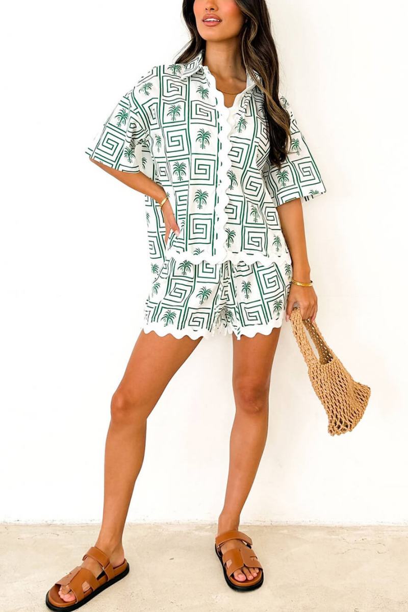 Shirt Collar Summer Botanical Print Vacation Casual Set-ROVOLE