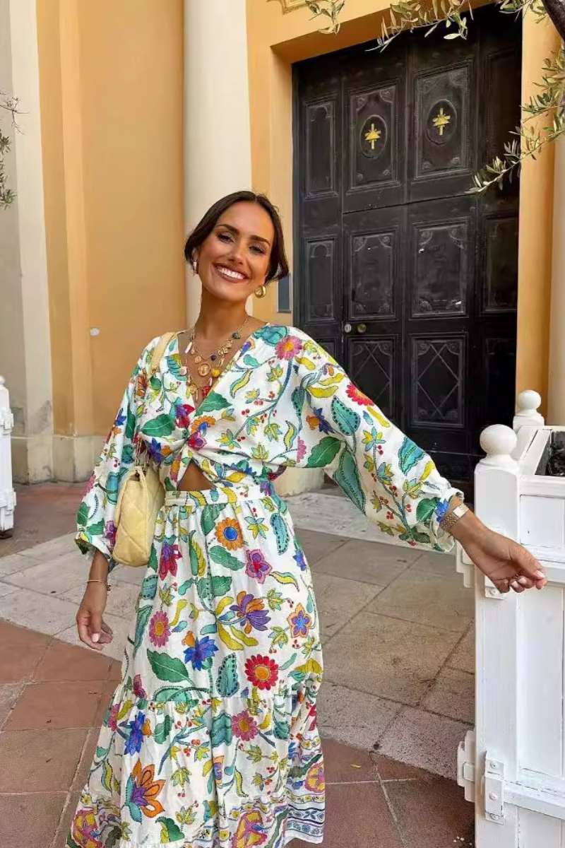 Lantern Sleeve Print Dress-ROVOLE