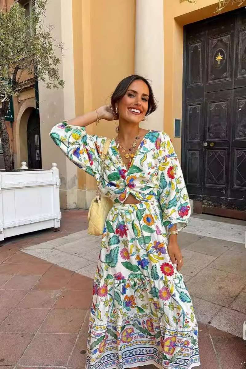 Lantern Sleeve Print Dress-ROVOLE