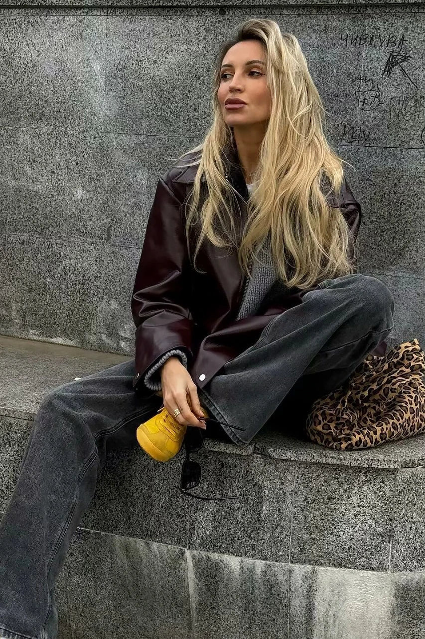 Stylish Lapel Leather Biker Jacket-ROVOLE