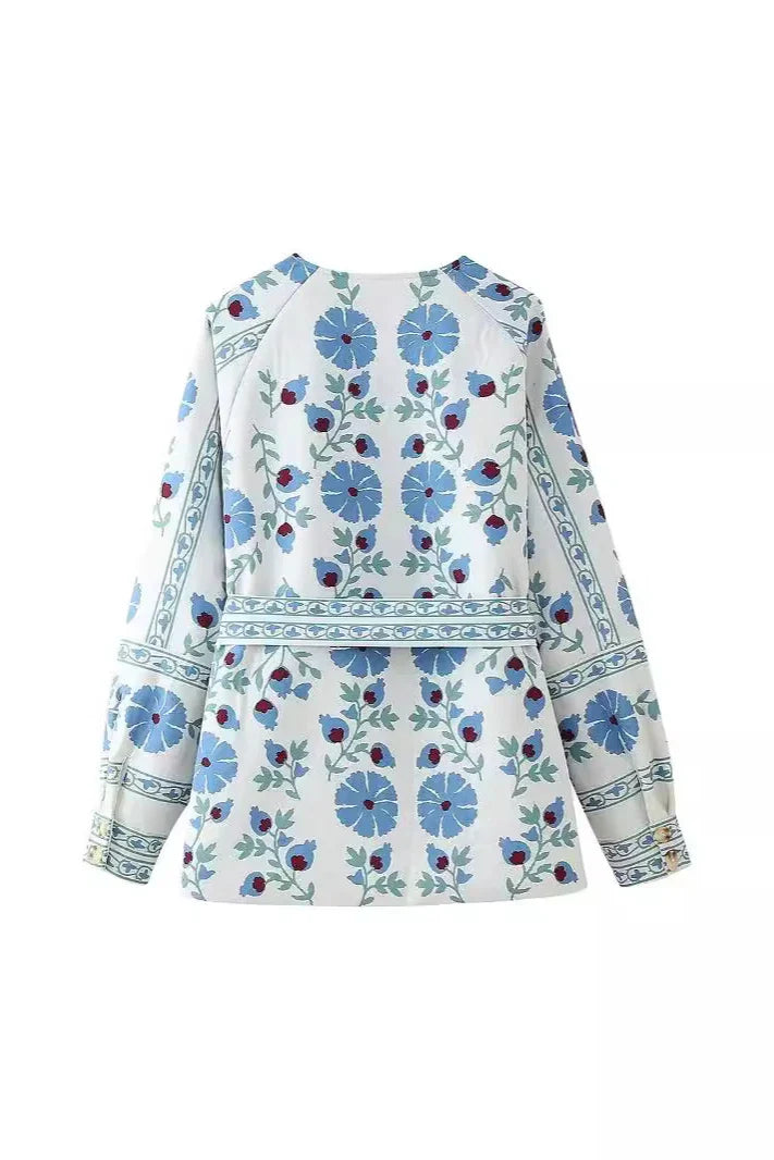 Casual Street Flowers Lace Up Buttons Patchwork O Neck Outerwear-ROVOLE