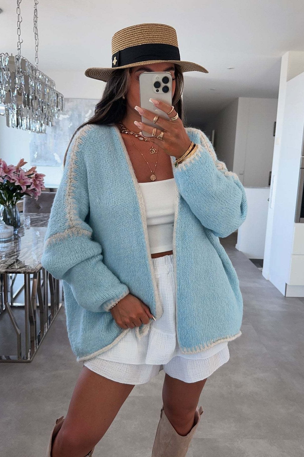 Contrast Loose Long Sleeve Cardigan-ROVOLE