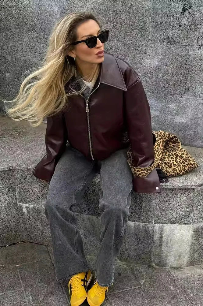 Stylish Lapel Leather Biker Jacket-ROVOLE