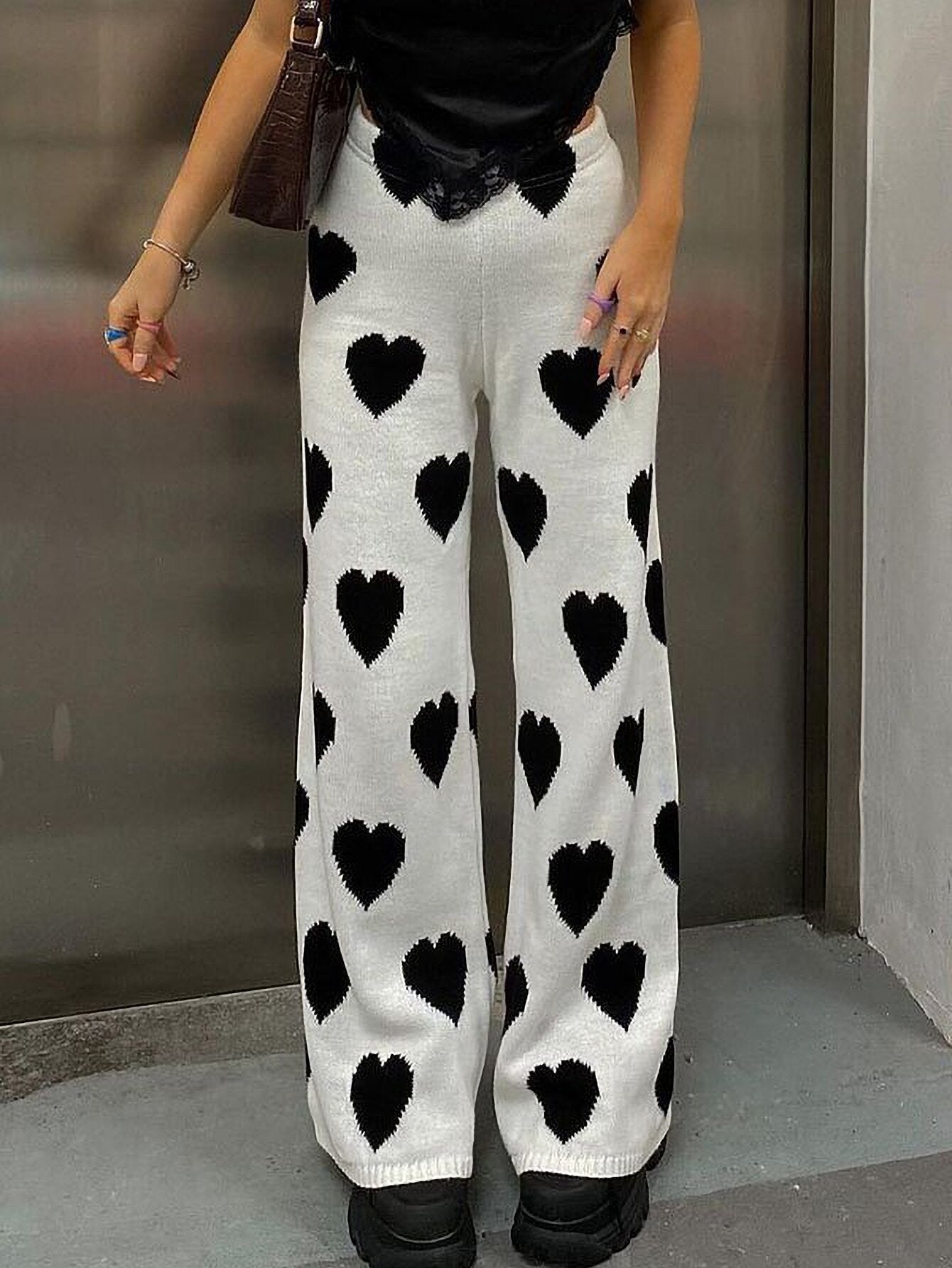 Heart Pattern Wide-Leg Pants-ROVOLE