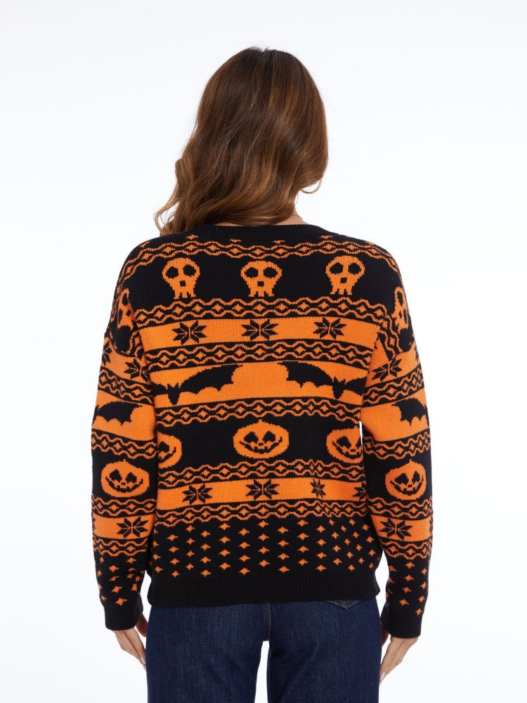 Halloween Pumpkin Pattern Round Neck Knitted Sweater-ROVOLE