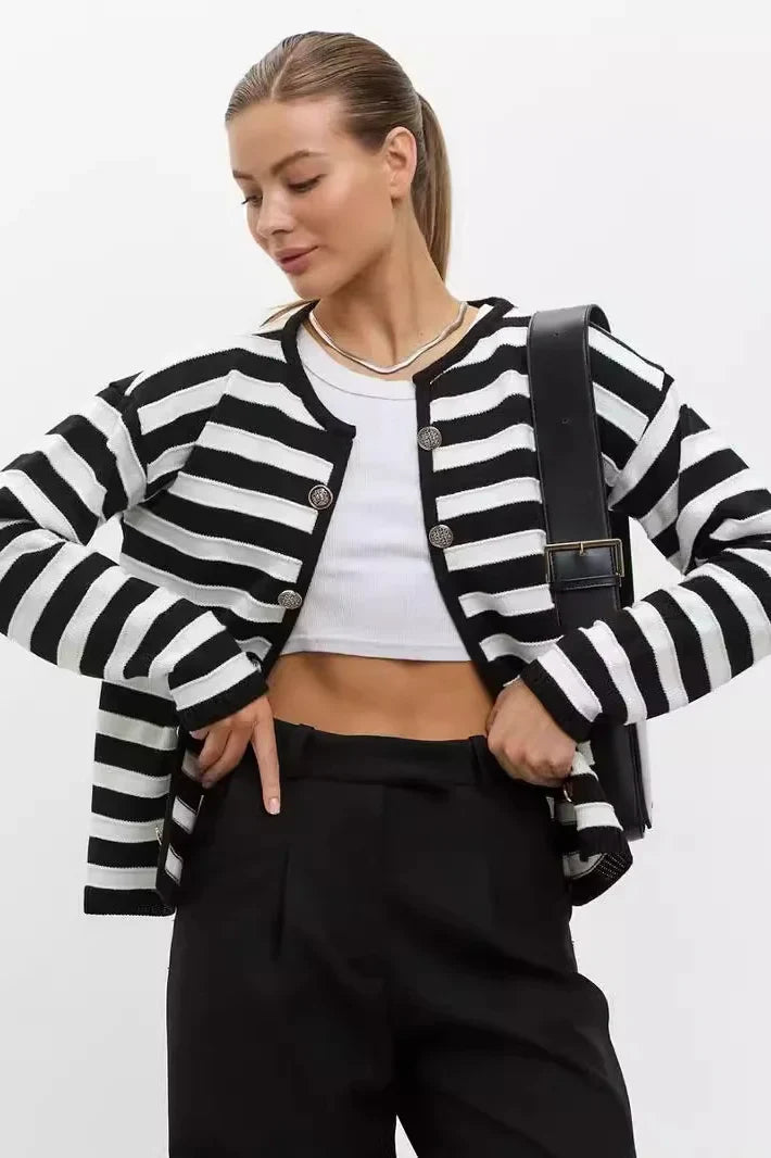 Striped Dropped Shoulder Long Sleeve Cardigan-ROVOLE