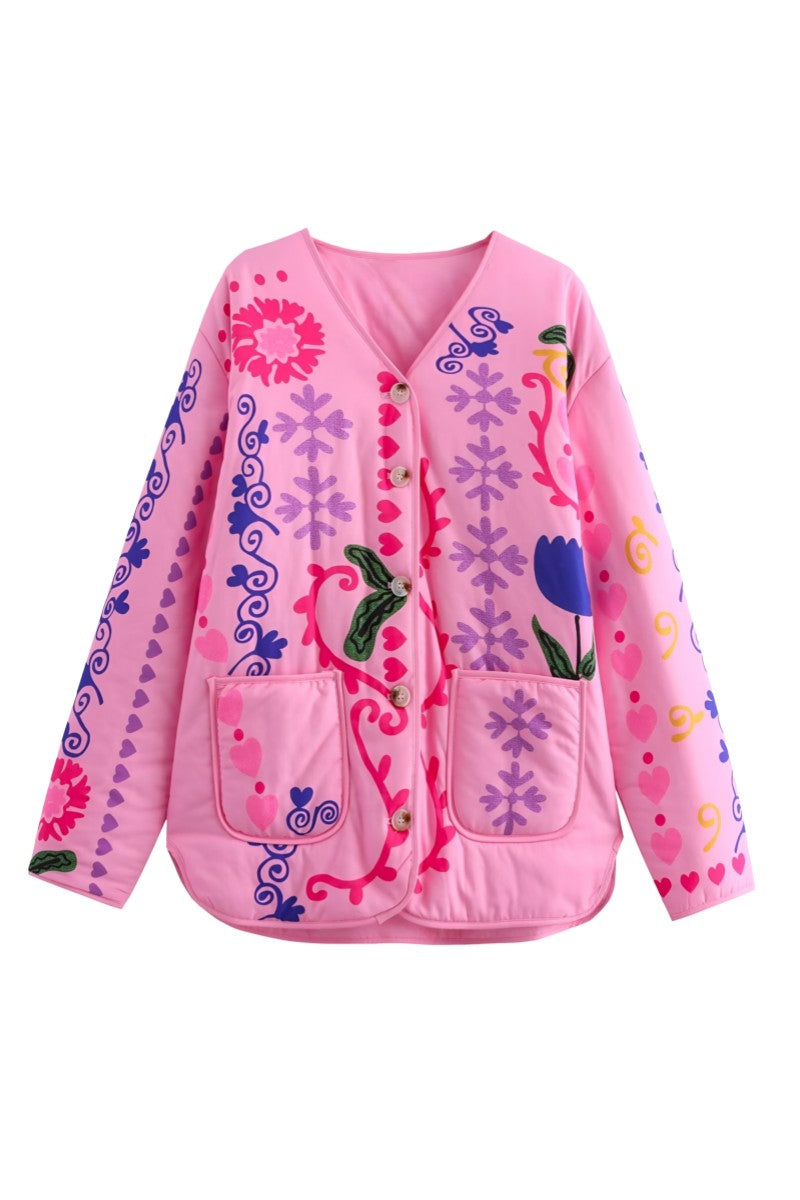 Cute Floral Print Pocket Jacket-ROVOLE