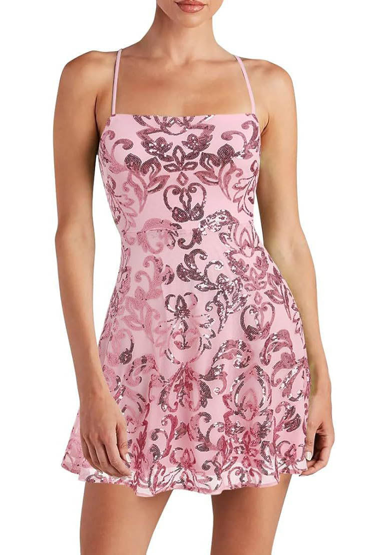 Sleeveless Sequin Strap Mini Dress-ROVOLE