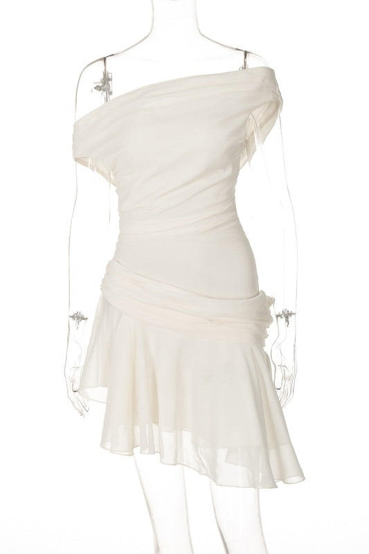 Marina One-shoulder Chiffon Mini Dress-ROVOLE