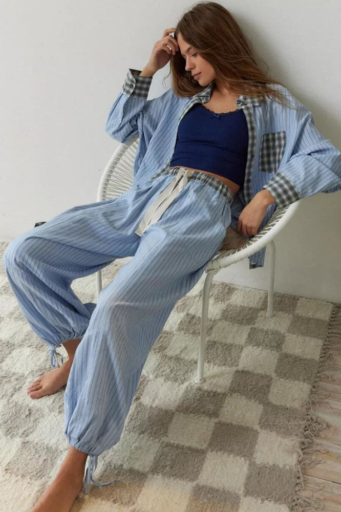Sky Blue Loose Splice Pajama Set-ROVOLE